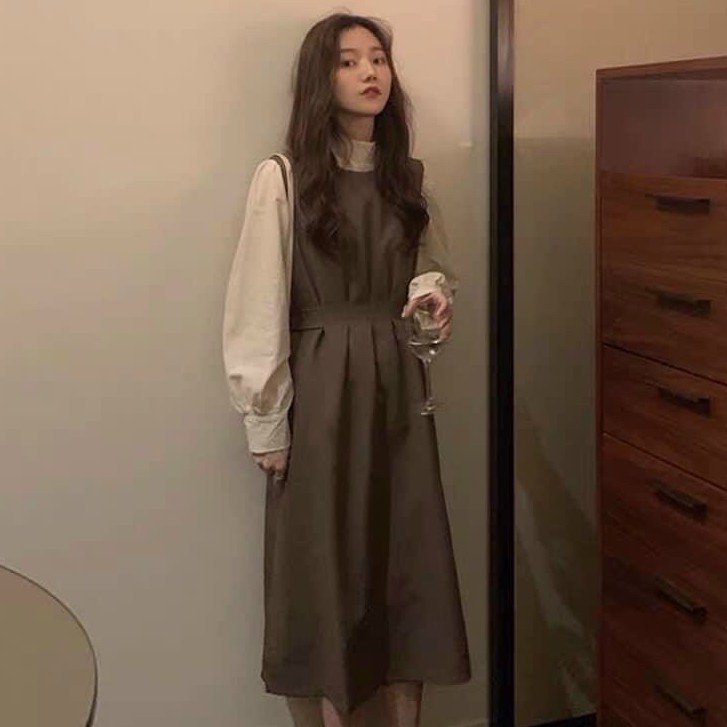 Set yếm nâu tây cổ kín tay dài vintage