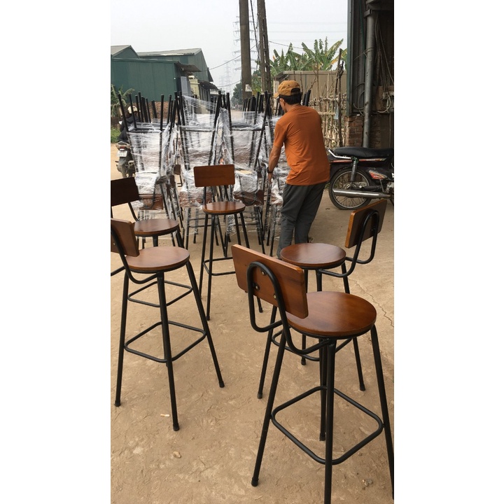 ghế quầy bar, ghế thu ngân ghế club khung sắt mặt gỗ HPGBCF 01