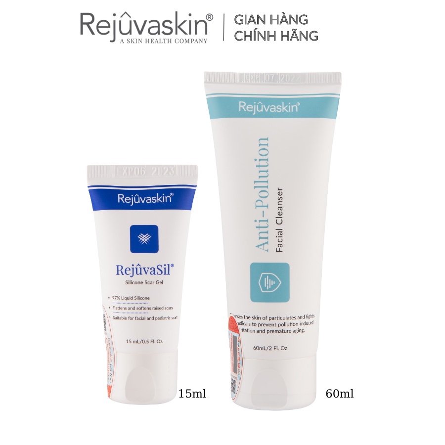 Combo chăm sóc da Rejuvaskin ngăn ngừa sẹo, làm xẹp sẹo lồi, sẹo phì đại Rejuvasil Gel 15ml và Sữa rửa mặt 60ml