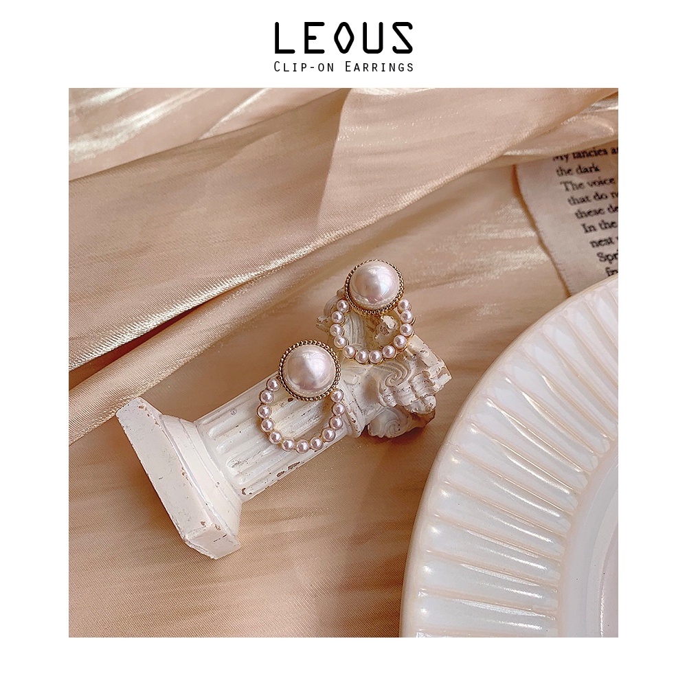 Khuyên tai kẹp không bấm lỗ chốt cố định K044 bằng hợp kim mạ vàng hình tròn đính hạt trai bigsize dáng midi Leous