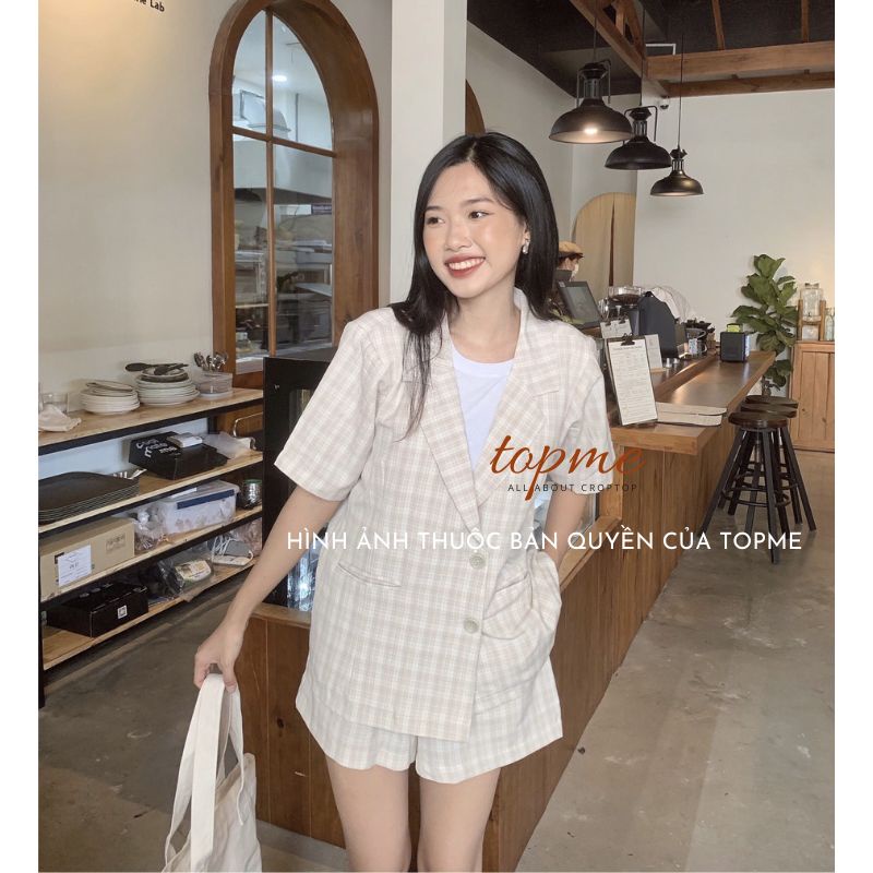 [ẢNH THẬT] Áo Blazer Oversize Nữ Ngắn Tay, Set Áo Blazer Nữ Quần Đùi Màu Trắng Caro Cực Sang | TOPME SB03