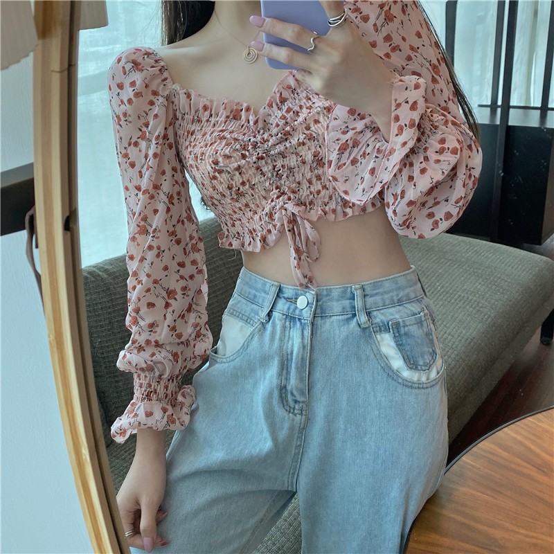 Áo voan trễ vai hoa nhí croptop hở rốn quyến rũ Ulzzang Hot