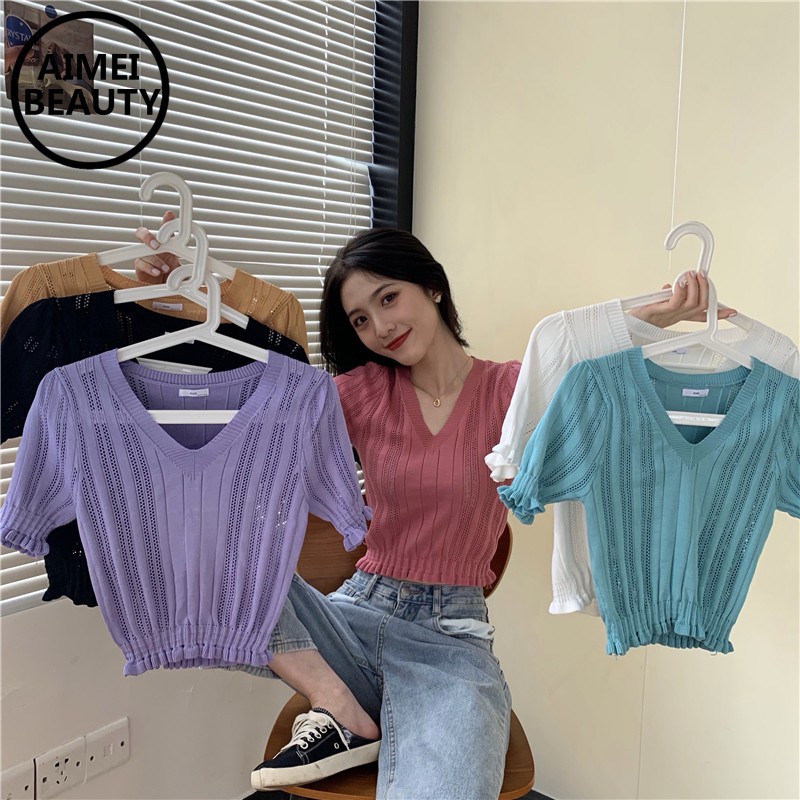 AimeiBeauty Cutout V-neck short-sleeved knitted slim croptop T-shirt