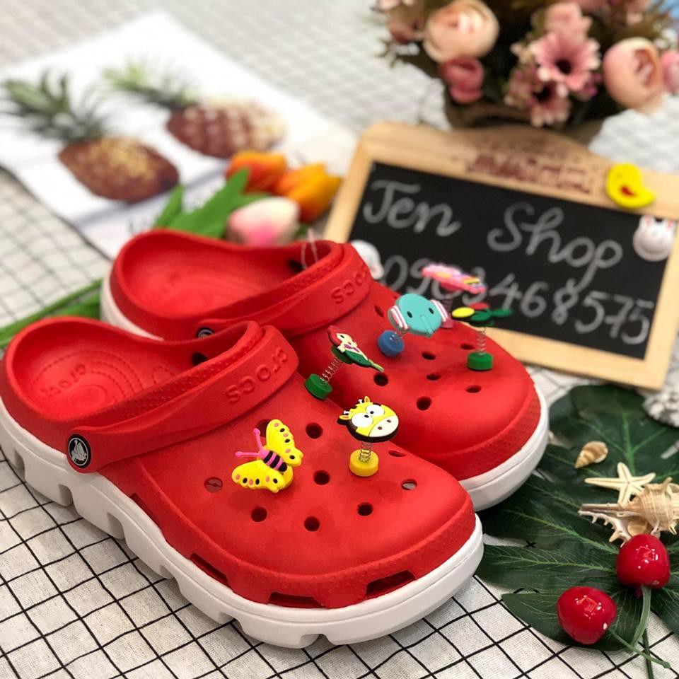 Dép sục cross nam, giày cross nữ đế cao đi mưa full box  màu đỏ và full size 35 đến 45, tặng 12 sticker gắn dép