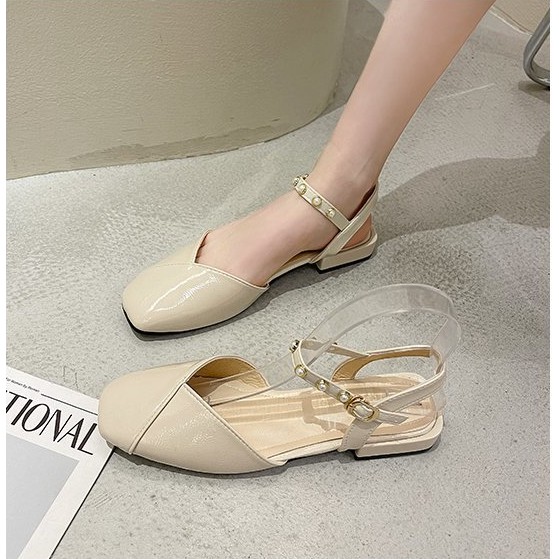 Giày sandal nữ da bóng đính ngọc quai cài cực xinh mang êm chân HOT 2021, giày sandal nữ đế bằng đẹp