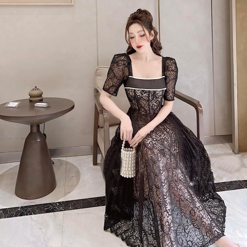Váy ren dập ly hoạ tiết xoè sang chảnh - HA thiết kế cao cấp