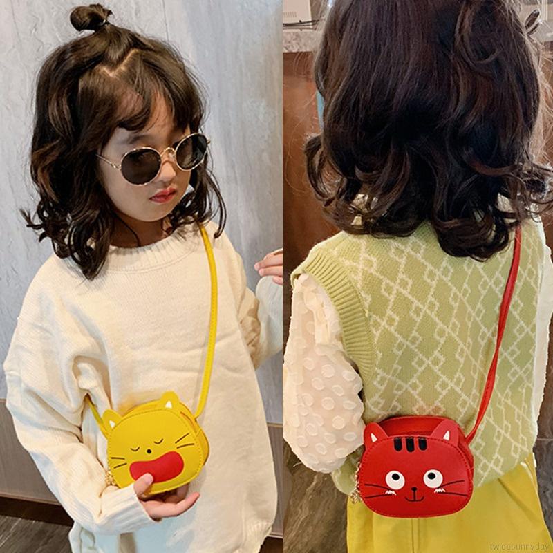 Túi đeo chéo da PU in họa tiết mèo hoạt hình dễ thương thời trang cho bé