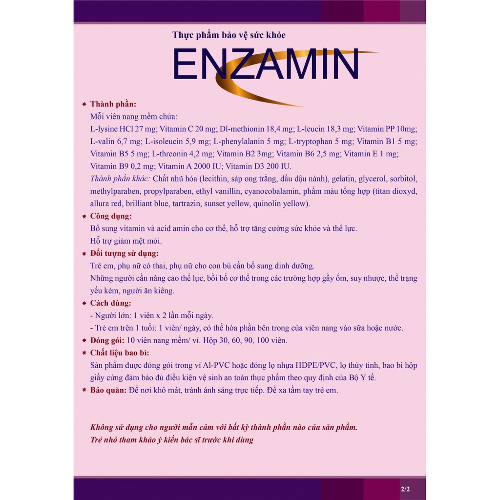 Enzamin giúp tăng cường phát triển của thaii nhi, giúp người gầy, ốm sớm khỏi bệnh và hồi phục lại thể lực ( hộp 100v)