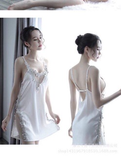 Váy ngủ xẻ tà lụa satin - đầm ngủ sexy phối ren - váy ngủ sexy kèm quần quyến rũ