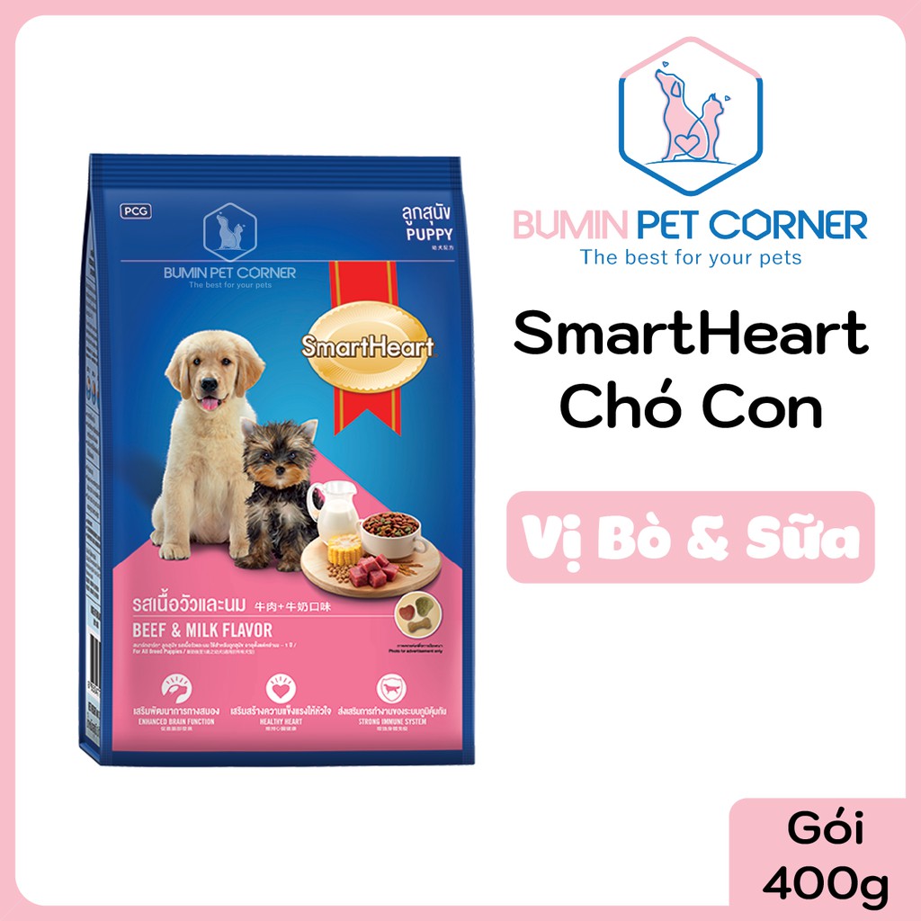 [Mã 155FMCGSALE giảm 7% - tối đa 100K đơn 500K] SmartHeart Puppy 400g - Thức ăn hạt cho chó con SmartHeart gói 400g