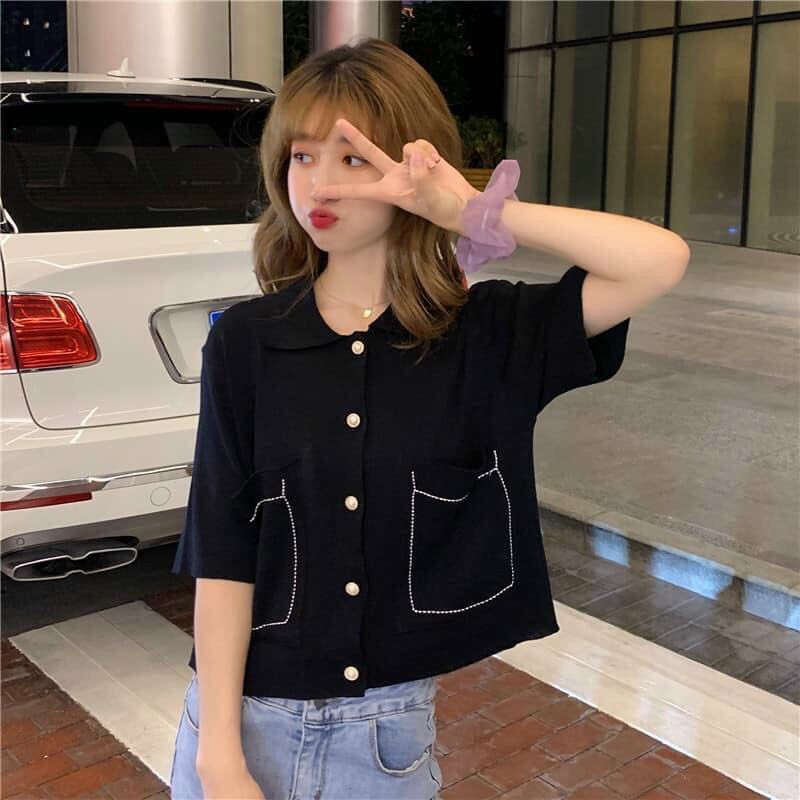 Aó len croptop  Hàn Quốc đính nút