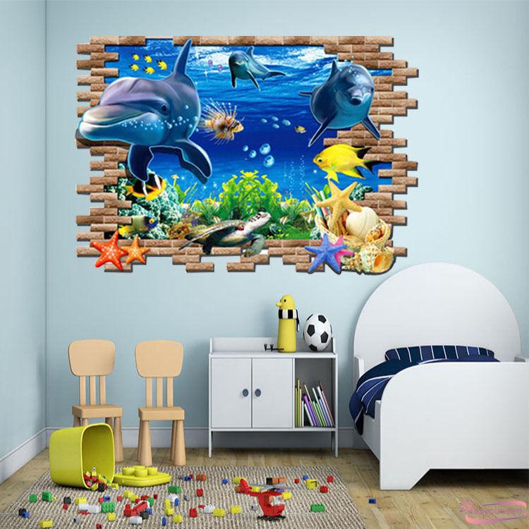 Decal dán tường hình cá heo 3D sáng tạo dễ tháo gỡ chất liệu PVC kích thước 50x70cm