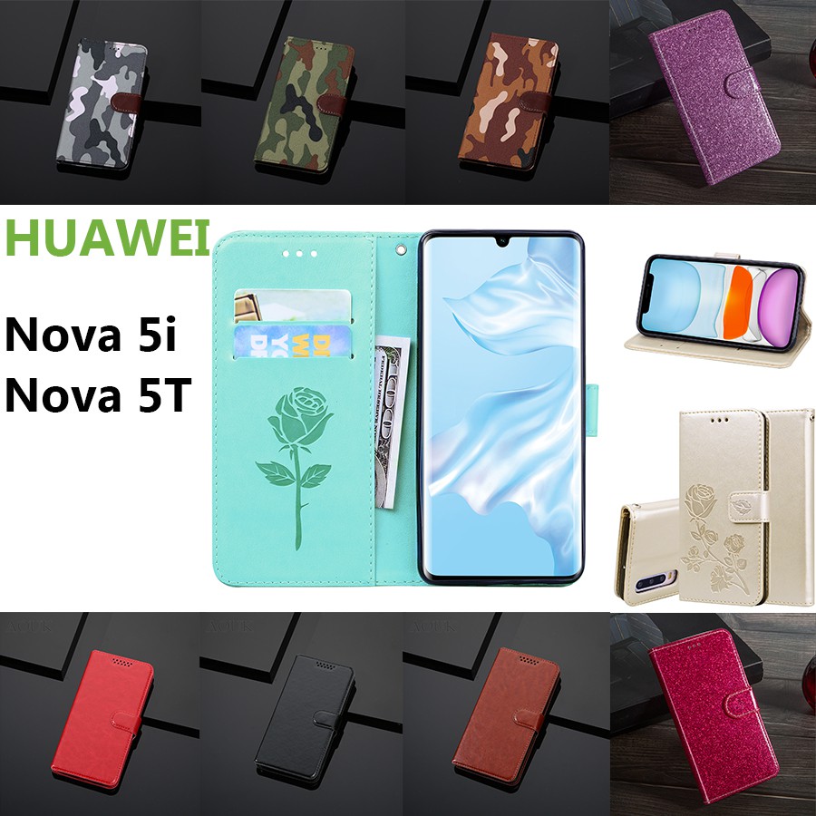 Ốp điện thoại dạng ví da từ tính nắp gập đựng thẻ chống rơi làm giá đỡ cho Huawei Nova 5i / 5T