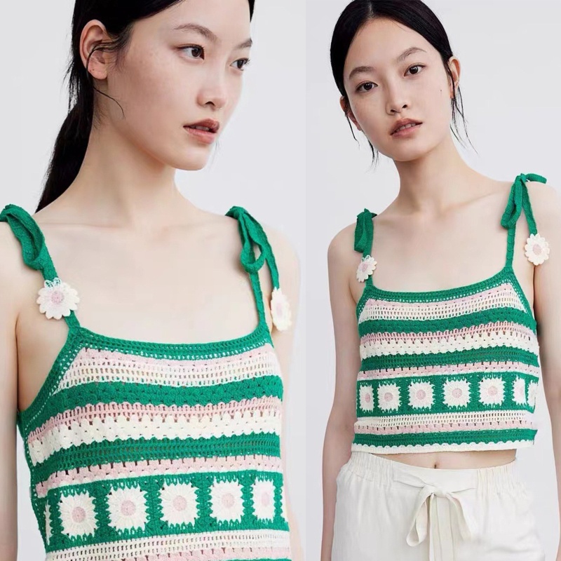 Brroa Áo Croptop Dệt Kim Kẻ Sọc / Hoa Khoét Rỗng Buộc Dây Cho Nữ