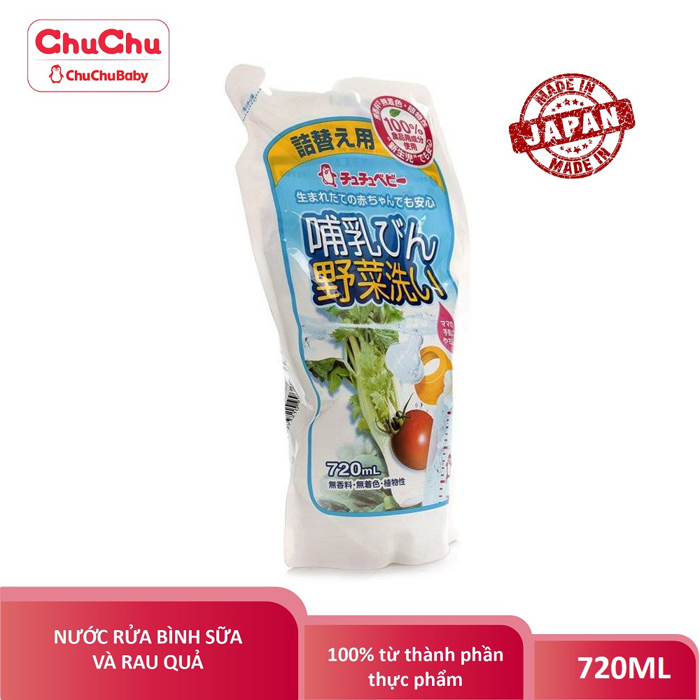 Nước rửa bình sữa, núm vú và rau qủa Chuchu Baby nhật bản 820ml