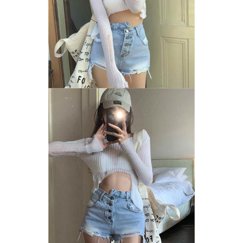 Quần short jeans lưng cao ống rộng phong cách Hàn Quốc sành điệu cho nữ