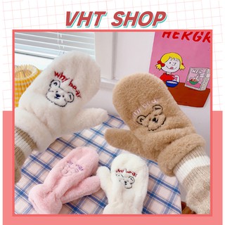 Găng tay lông xù in họa tiết gấu giữ ấm cho nữ vào mùa đông GT02 - VHT SHOP