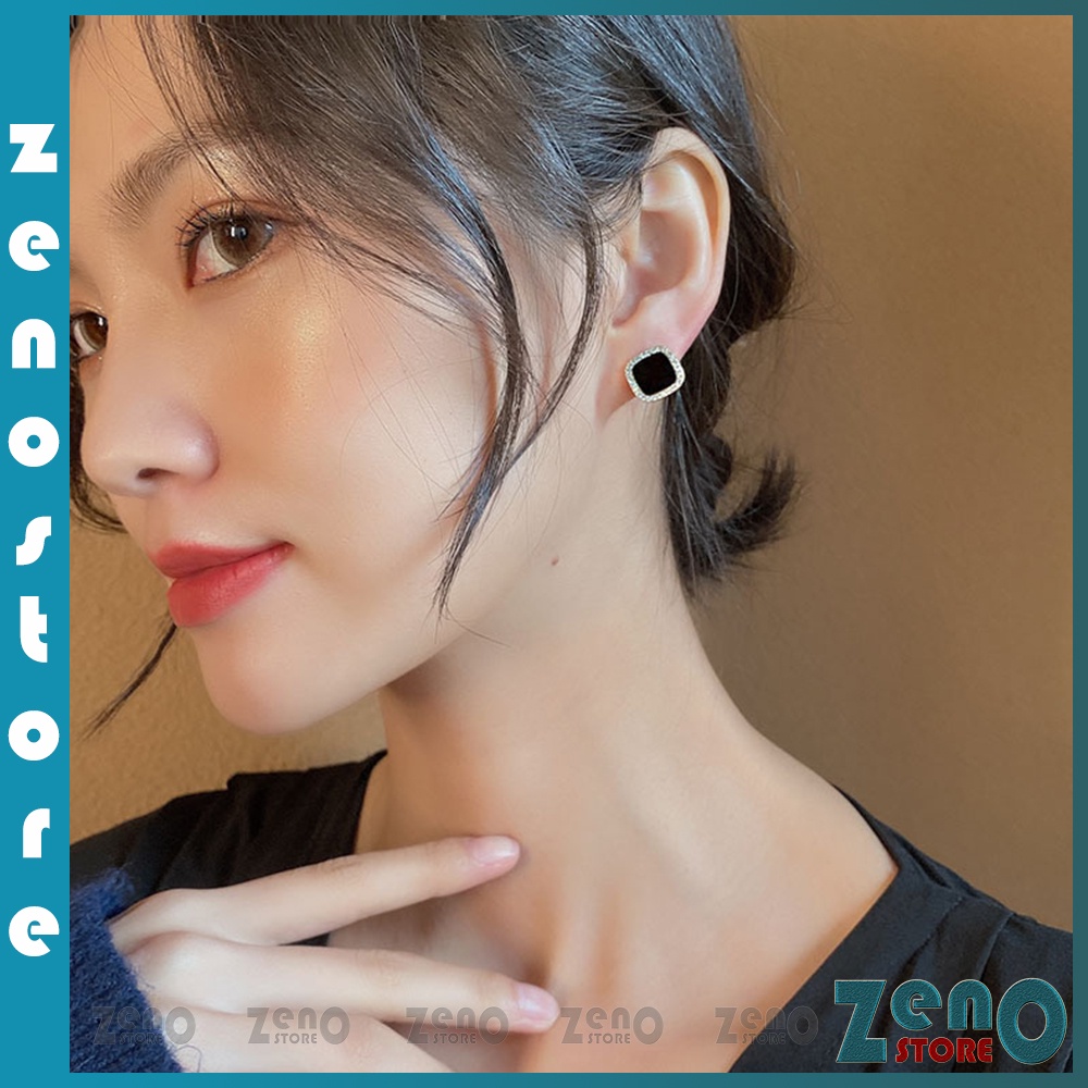 Khuyên tai ZenO đính đá viền bạc Ý KT05, bông tại bạc S925 gắn đá