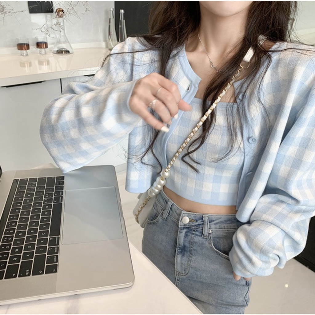 Áo len 2 dây croptop nữ Thảo Chi - Set áo len 2 dây kèm áo khoác ngoài họa tiết kẻ caro có 4 màu cực xinh dễ thương