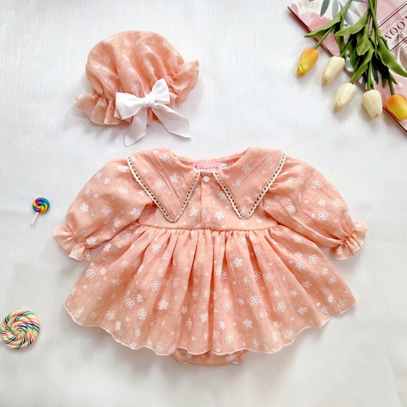 Váy đầm công chúa hồng cam vải đũi thông hơi mềm mát cho bé gái từ sơ sinh-->13kg