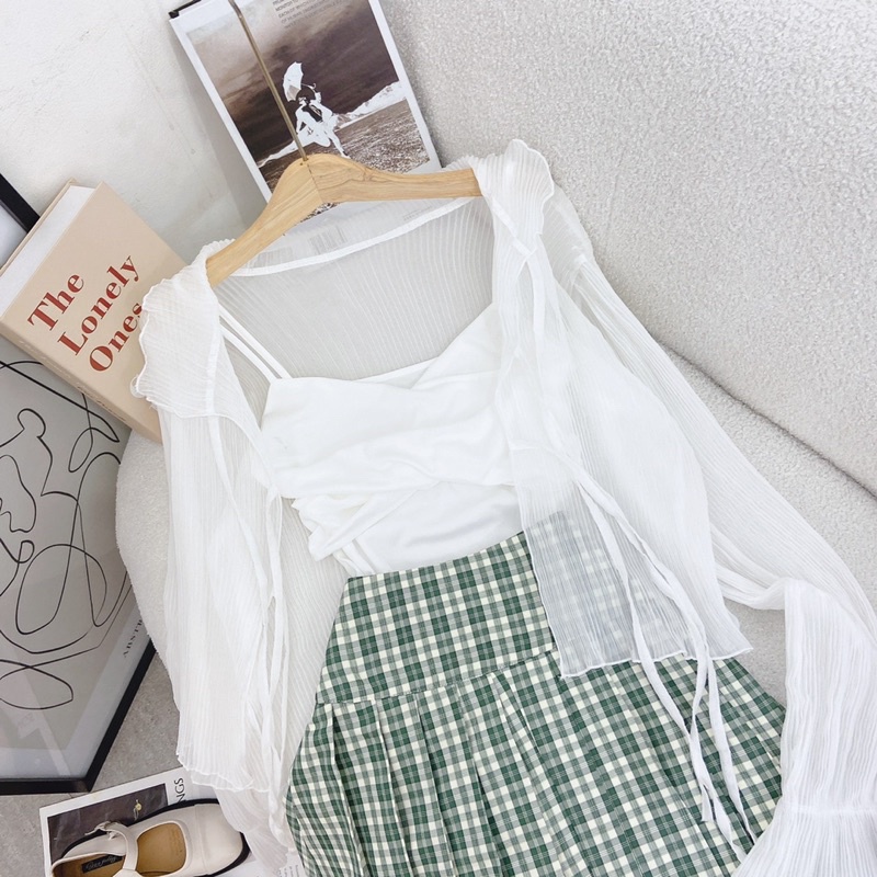 SET 3 MÓN : ÁO KHOÁC TAY LOE NƠ + ÁO 2 DÂY + CHÂN VÁY CARO