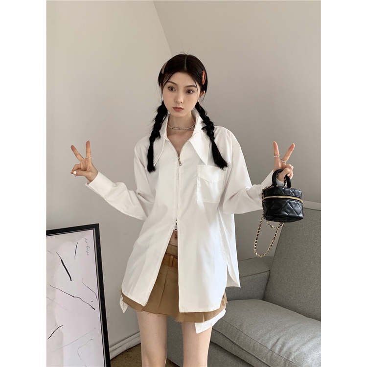 HUANG YOYO  Áo Khoác cardigan Tay Dài Dáng Rộng Màu Trơn Có Khóa Kéo Thời Trang Hàn Quốc Cho Nữ