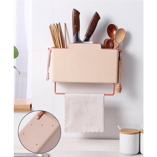 Kệ đựng muỗng đũa dán tường nhà bếp thông minh mẫu mới siêu xịn có ngăn vắt dao, thanh treo khăn, kèm móc treo phụ kiện