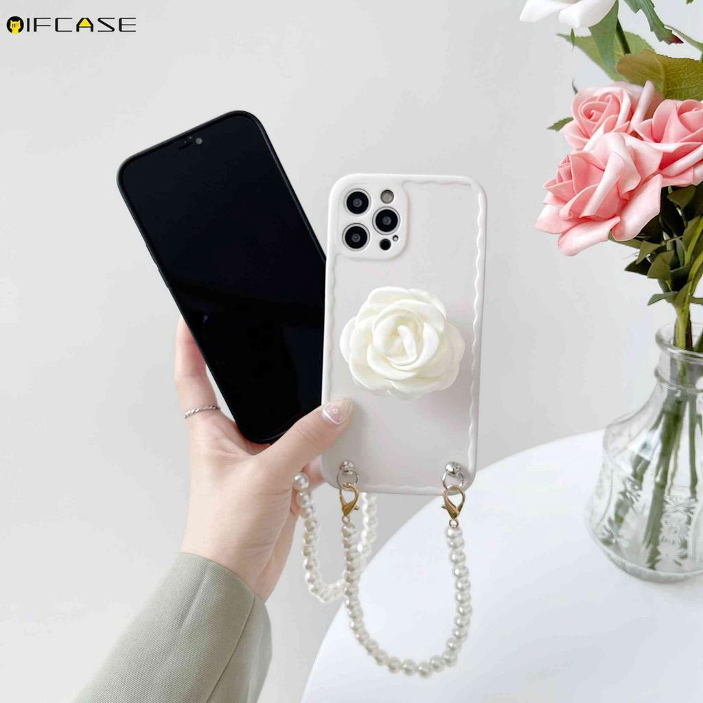 Ốp Điện Thoại Họa Tiết Hoa Trà Gắn Dây Đeo Ngọc Trai / Hồng / Trắng Cho iPhone 12 11 Pro Max XS Max XR X 7 8 Plus