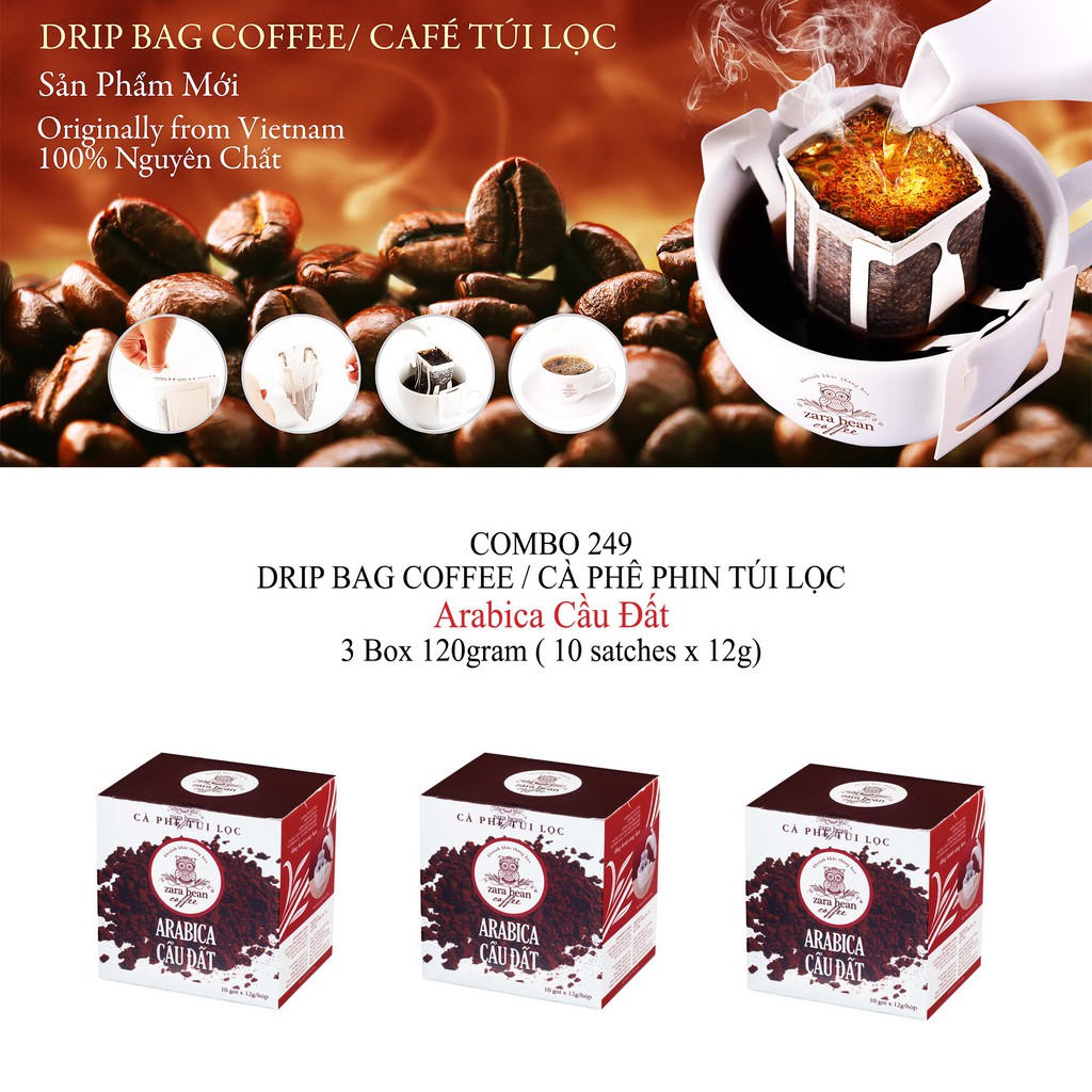 Combo cà phê túi lọc Arabica Cầu Đất ( 3 hộp x 120g)