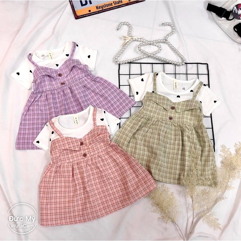Đầm kẻ Babydoll giả yếm cho bé gái 0-3 tuổi siêu xinh Hàng Quảng châu