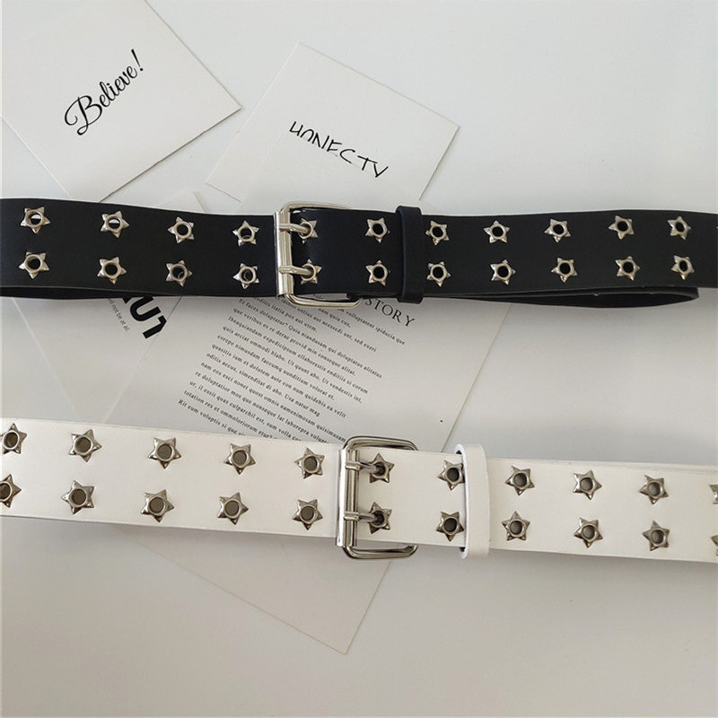 Thắt lưng lỗ đôi họa tiết ngôi sao màu trắng thời trang phong cách punk độc đáo