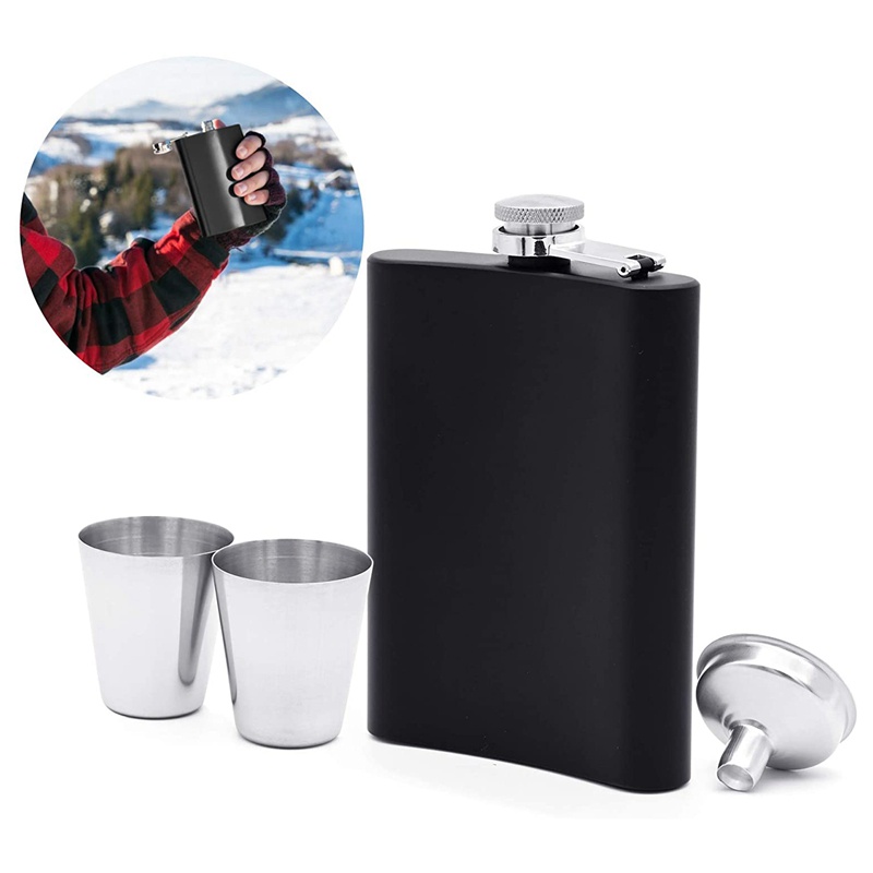 Bộ Bình Đựng Rượu 8 Oz Kèm Phễu Và 2 Kính Nhỏ Bỏ Túi Màu Đen Dành Cho Nam