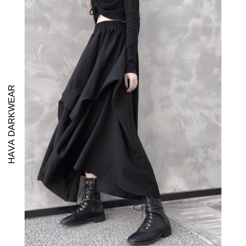 Chân váy đen HAVADW xếp tầng dáng dài phong cách darkwear cá tính chất trượt hàn mềm mát CV26