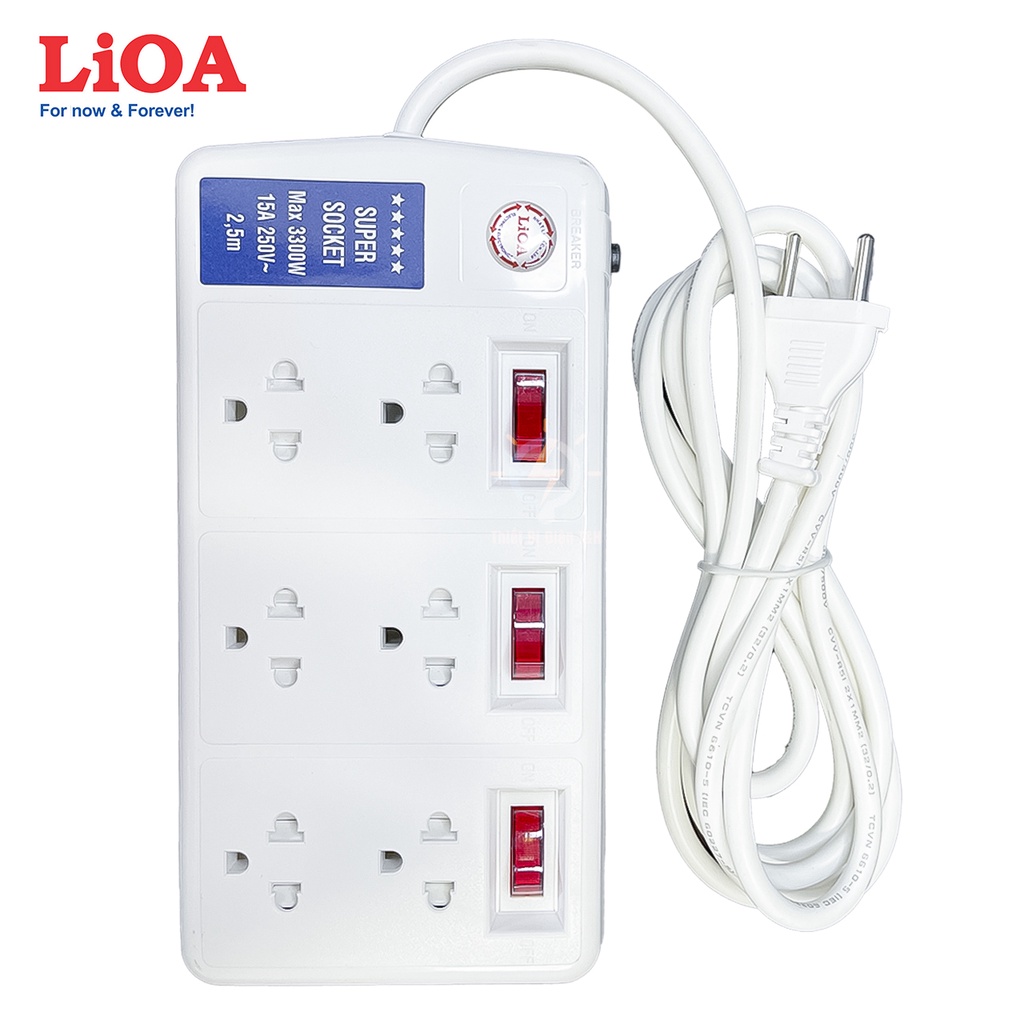 Ổ cắm điện công suất lớn, ổ cắm chịu tải 3300W, cao cấp, LIOA, 6 ổ cắm đa năng, 3 công tắc, 6SS2.5-2