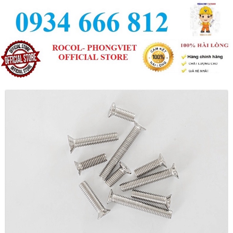 Set 50 cái và 10 cái M6 vít pake đầu bằng thân bulong inox201 M6