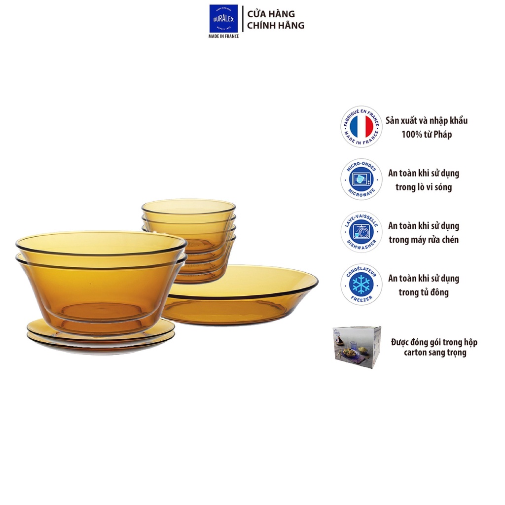 Bộ bàn ăn 9 món D7009LD Duralex - Lys vàng Amber Thủy tinh cường lực cao cấp Pháp [Chính Hãng]