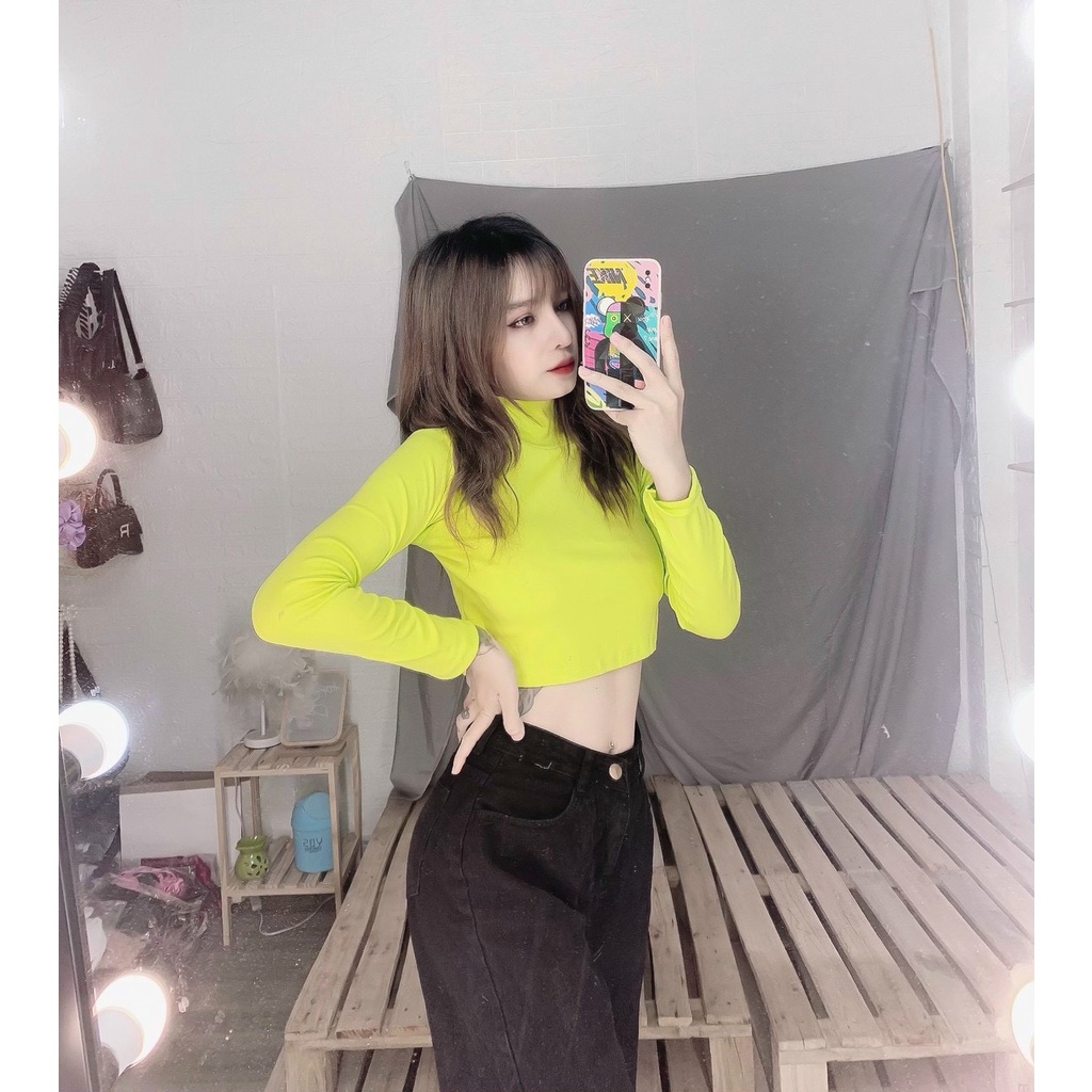Áo kiểu croptop cổ lọ tay dài trơn cực xinh , chất thun bozip mềm mịn ( ảnh thật )
