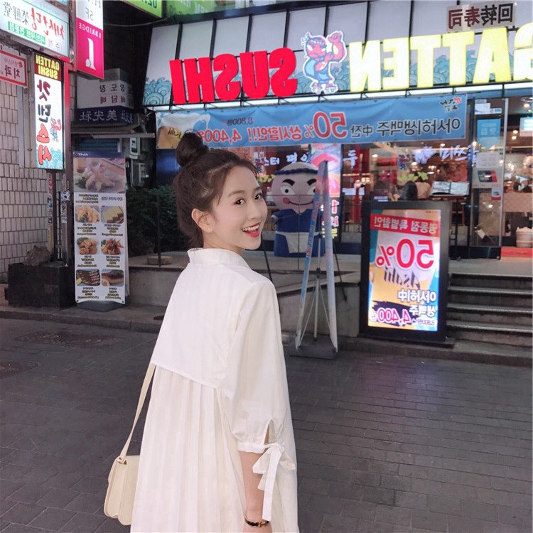 Đầm Sơ Mi Dài Tay Cổ Chữ V Dáng Rộng Thời Trang Hàn