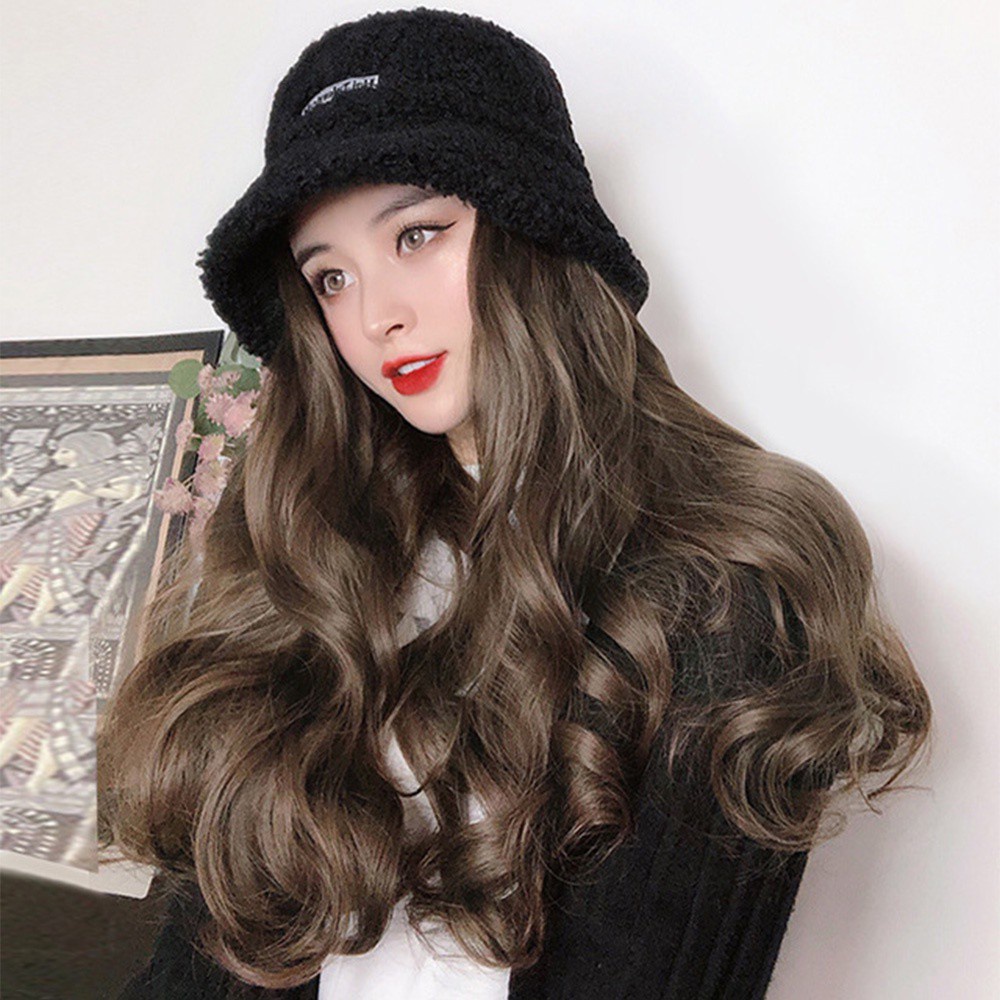 GUADALUPE Winter Velvet Bucket Hat Wigs Natural Long Wavy Wigs Wig With Bucket Hat Fluffy Hair Extensions Wide-brimmed Curly High Temperature Fiber Breathable Synthetic Hair/Multicolor