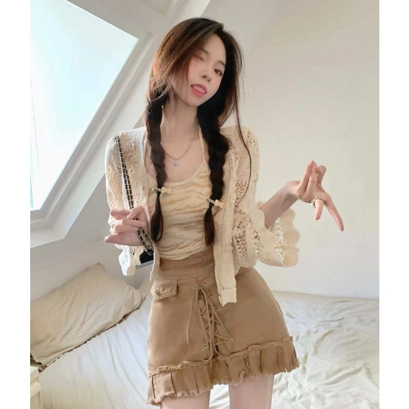 QKOOLE  Áo Khoác cardigan + Áo Sát Nách Nhuộm Màu Thời Trang Hàn Quốc Cho Nữ