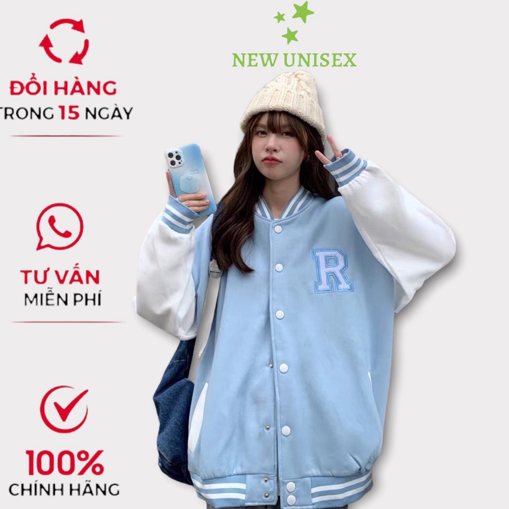 Áo Khoác Bomber Nam Nữ Chất Vải Nỉ Cúc Bấm Thêu Nổi Chữ R Hot Trend