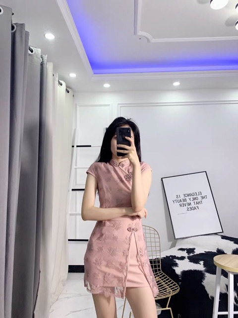 Sườn xám ngắn hoa phối renôm body quyến rũ ẢNH THẬT CUỐI J0125 | BigBuy360 - bigbuy360.vn