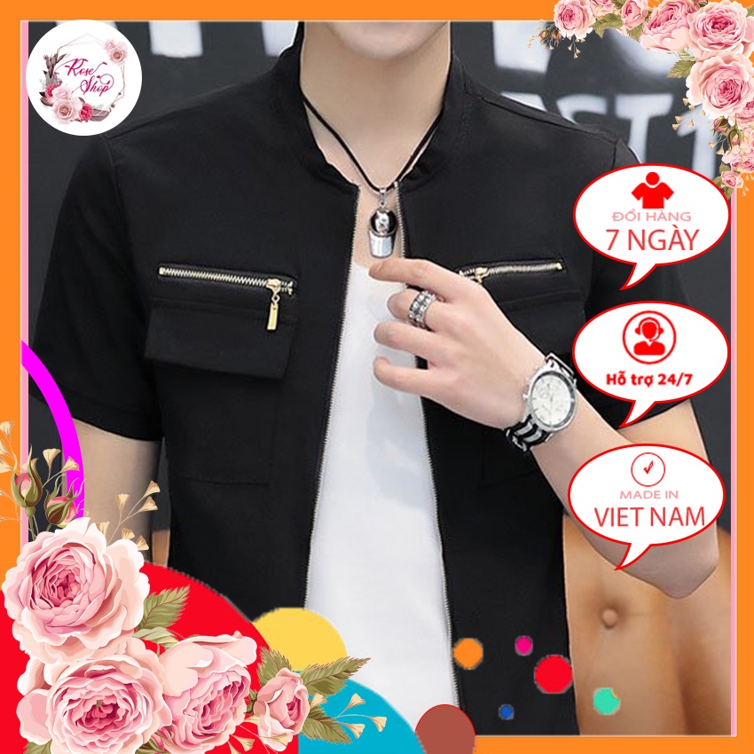 Áo sơ mi, Áo sơ mi nam cộc tay cổ phối khóa độc lạ,điểm nhấn 2 túi ngực trẻ trung, phong cách chất vải mềm mát T11