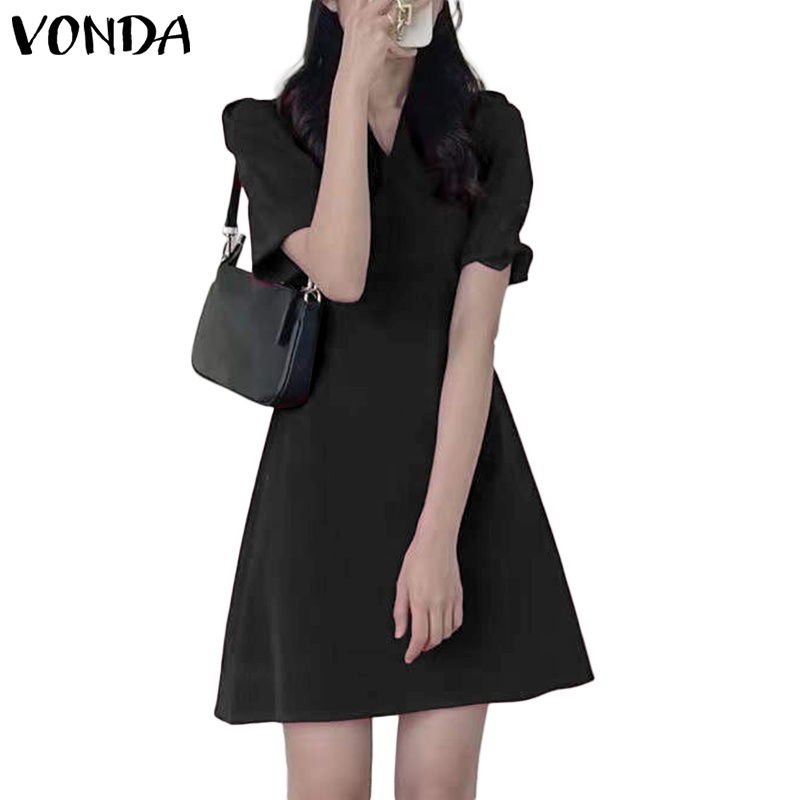 Đầm VONDA tay ngắn cổ chữ V màu trơn phong cách Hàn Quốc thời trang mùa hè dành cho nữ