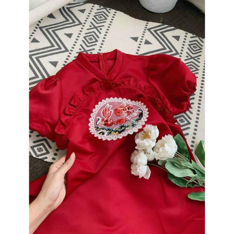 Váy Suông Đỏ, Đầm Cổ Tàu Viền Bèo Ngực Tay Phồng Thời Trang Mùa Tết Trẻ Trung Xinh Xắn Cho Bạn Nữ. | BigBuy360 - bigbuy360.vn