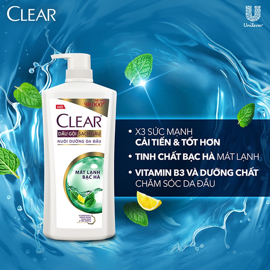 Dầu Gội Đầu Sạch Gầu Clear Mát Lạnh Bạc Hà, Nuôi dưỡng Da Đầu 880g