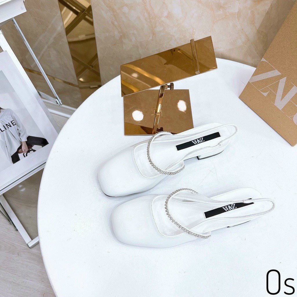 Giày búp bê nữ quai ngang đá mũi vuông da bóng đế cao 3 phân