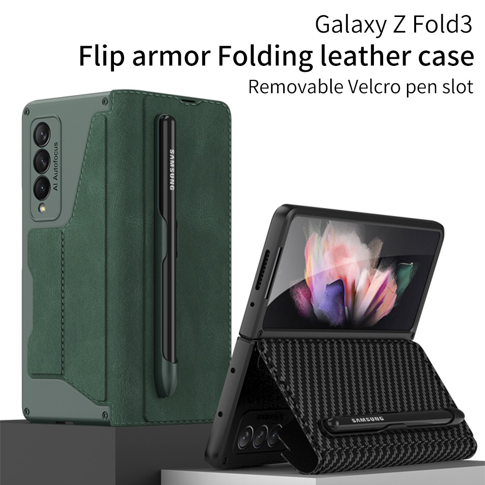 Bao Da Điện Thoại Dạng Ví Nắp Lật Sợi Carbon Có Ngăn Đựng Bút Cho Samsung Galaxy Z Fold 3 2021