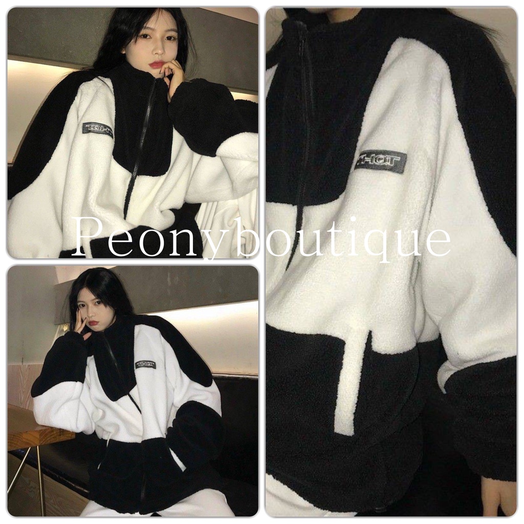 Áo Khoác Lông TH PEONYB Nữ [FREESHIP] 🌸 Sweater nỉ bông phối trắng đen, hoodie zip form rộng tay bồng Ulzzang 🌸 | BigBuy360 - bigbuy360.vn