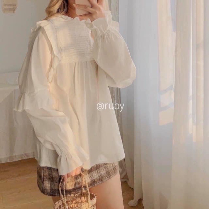 Áo Babydoll viền bèo xếp ly ngực Ulzzang M03 ( hình thật, hàng có sẵn)